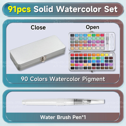 Purilite Select Watercolor Paint Set – 90 Bright Colors with Water Pens for Artists & Hobbyists