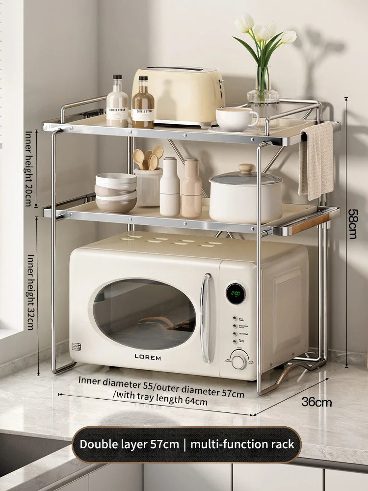 Purilite Select 2 Layer Microwave Oven Storage Rack | Retractable Kitchen Organizer Shelf | Carbon Steel Countertop Stand