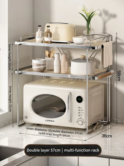Purilite Select 2 Layer Microwave Oven Storage Rack | Retractable Kitchen Organizer Shelf | Carbon Steel Countertop Stand
