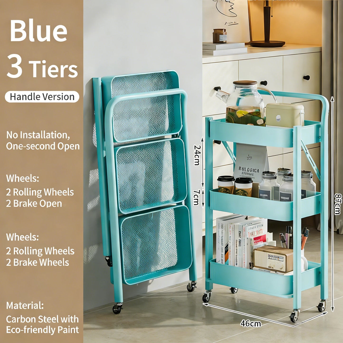 Purilite Select Carbon Steel Foldable 3-Tier Rolling Storage Cart Multi-Layer Floor Stand Organizer with Wheels