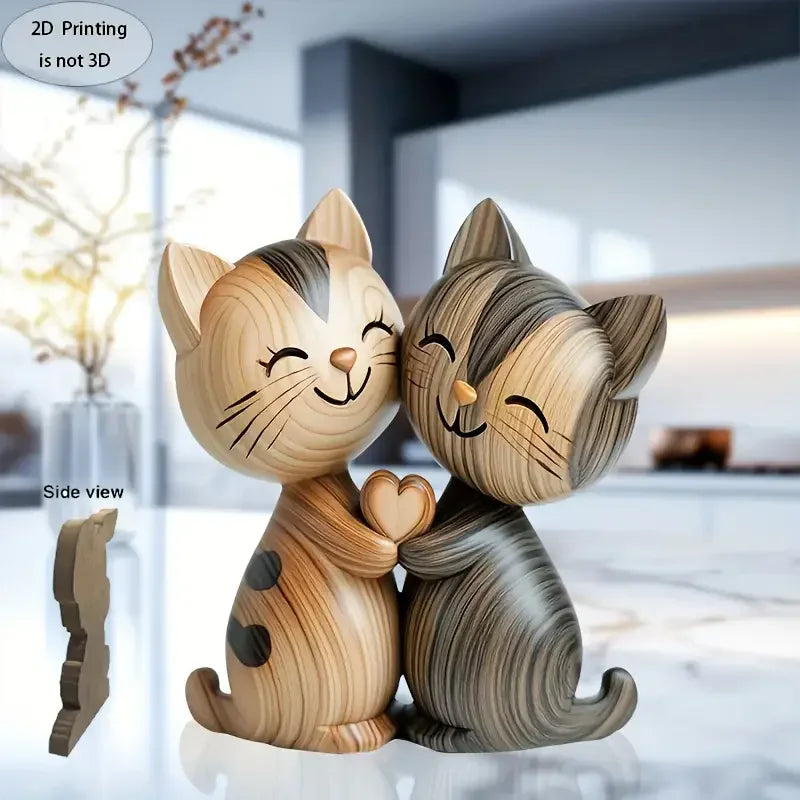 Wooden Kitten Couple Sculpture Charming 2D Flat Cat Enthusiast Gift Light and Dark Wood Grain Desktop Entrance Home Decoration