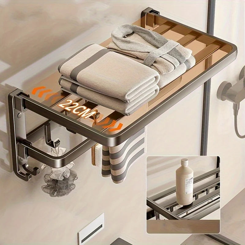 Purilite Select 2-Layer Wall Mounted Towel Rack | Foldable Aluminum Bathroom Rack | Modern Bathroom Organizer | Towel Holder with Hooks | Space-Saving Bathroom Storage