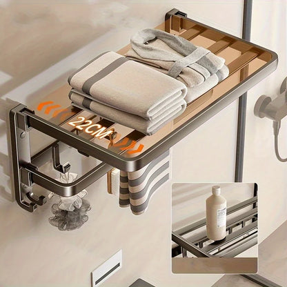 Purilite Select 2-Layer Wall Mounted Towel Rack | Foldable Aluminum Bathroom Rack | Modern Bathroom Organizer | Towel Holder with Hooks | Space-Saving Bathroom Storage