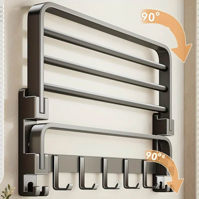 Purilite Select 2-Layer Wall Mounted Towel Rack | Foldable Aluminum Bathroom Rack | Modern Bathroom Organizer | Towel Holder with Hooks | Space-Saving Bathroom Storage