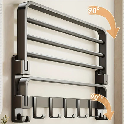Purilite Select 2-Layer Wall Mounted Towel Rack | Foldable Aluminum Bathroom Rack | Modern Bathroom Organizer | Towel Holder with Hooks | Space-Saving Bathroom Storage