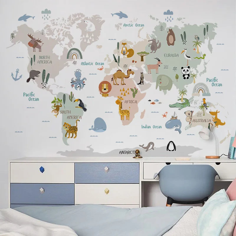 Purilite Select Kids Room Cartoon Animal World Map Wall Sticker