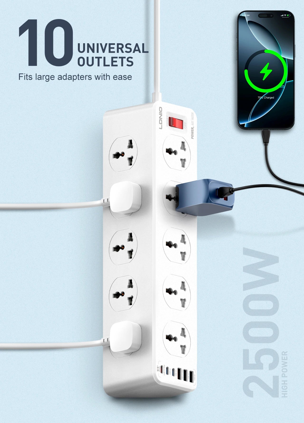Purilite Select | LDNIO Multi 10-Outlet Power Strip | Universal Socket with USB-C PD & QC Fast Charging | 33W | 2m Extension Cable | Surge Protector