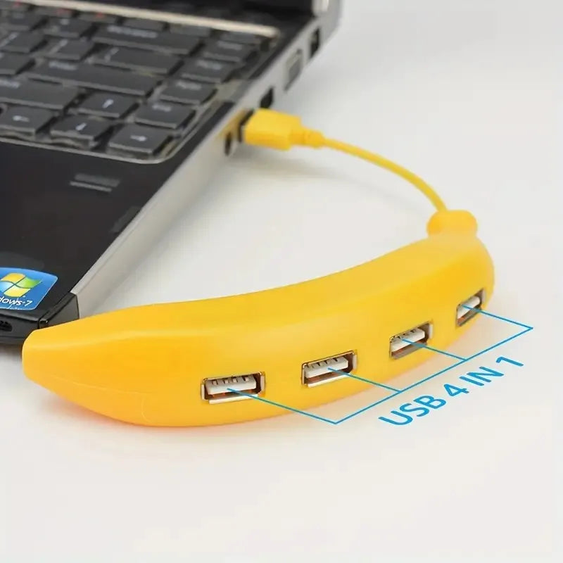 Purilite Select Banana-Shaped USB Hub – 4-Port USB 2.0 Multi Splitter with Power Adapter