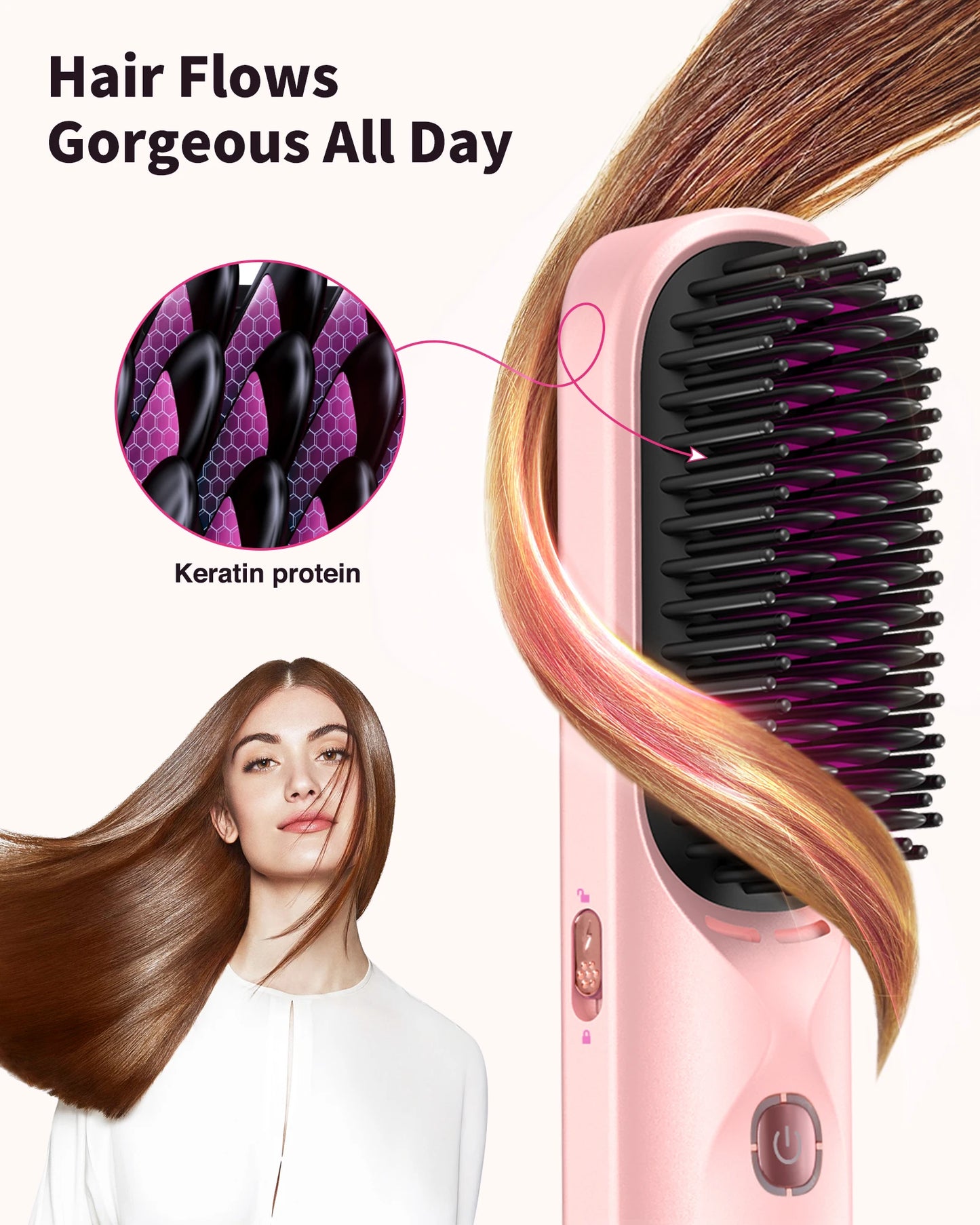 Purilite Select Cordless Hair Straightener Brush 10,000mAh Portable 300M Negative Ions for Frizz-Free Shine Fast Heating, Gift for Women