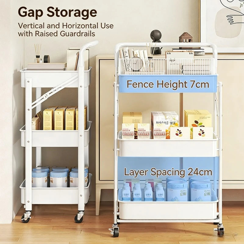 Purilite Select Carbon Steel Foldable 3-Tier Rolling Storage Cart Multi-Layer Floor Stand Organizer with Wheels