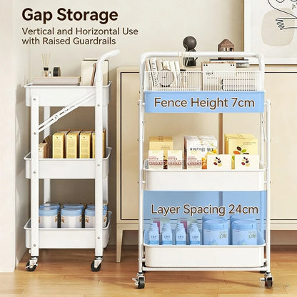 Purilite Select Carbon Steel Foldable 3-Tier Rolling Storage Cart Multi-Layer Floor Stand Organizer with Wheels