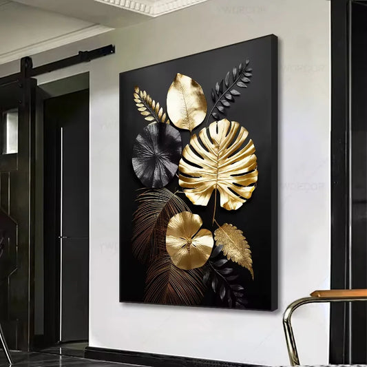 Purilite Select Luxury Black & Gold Plant Leaves Canvas Print