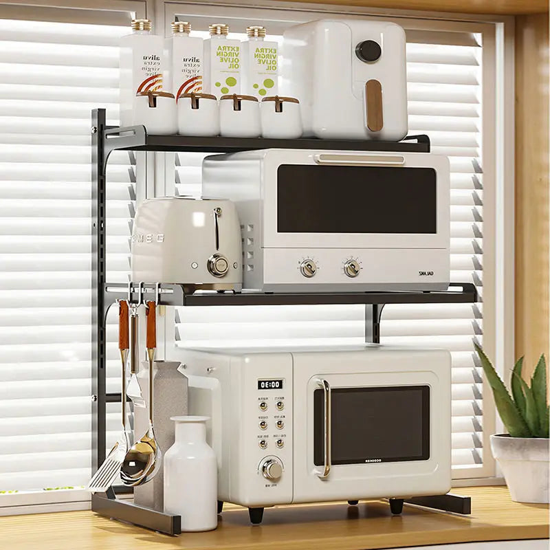 Purilite Select Table Top Multi-Layer Microwave Oven Storage Rack | Retractable Adjustable Kitchen Organizer | Stainless Steel Partition Rack