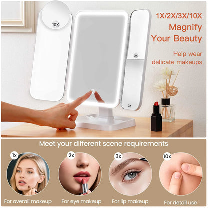 Purilite Select Trifold Makeup Mirror LED Lights | Smart Beauty Light-Up Mirror | Dorm Dressing and Complementary Fill Light