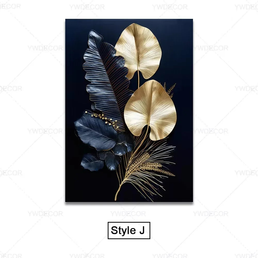 Purilite Select Luxury Black & Gold Plant Leaves Canvas Print